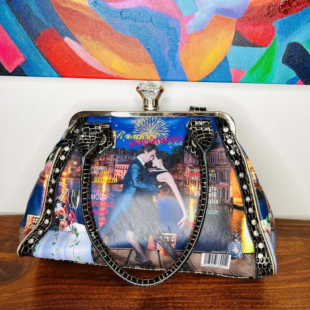 Rosacci Moda Milano Vintage-Style Frame Bag, Italian Magazine Motif - Picture 3 of 7